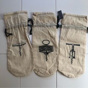NWT Cotton wine bags, corkscrews, set of three,
